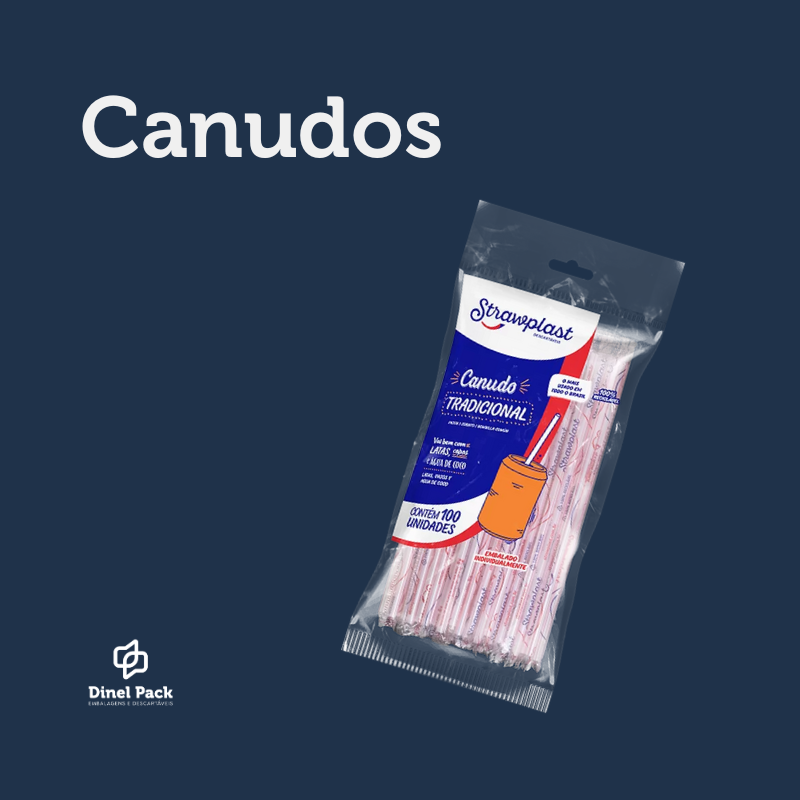 Imagem de um pacote de canudos da marca Strawplast num fundo azul e logomarca da Dinel Pack branca