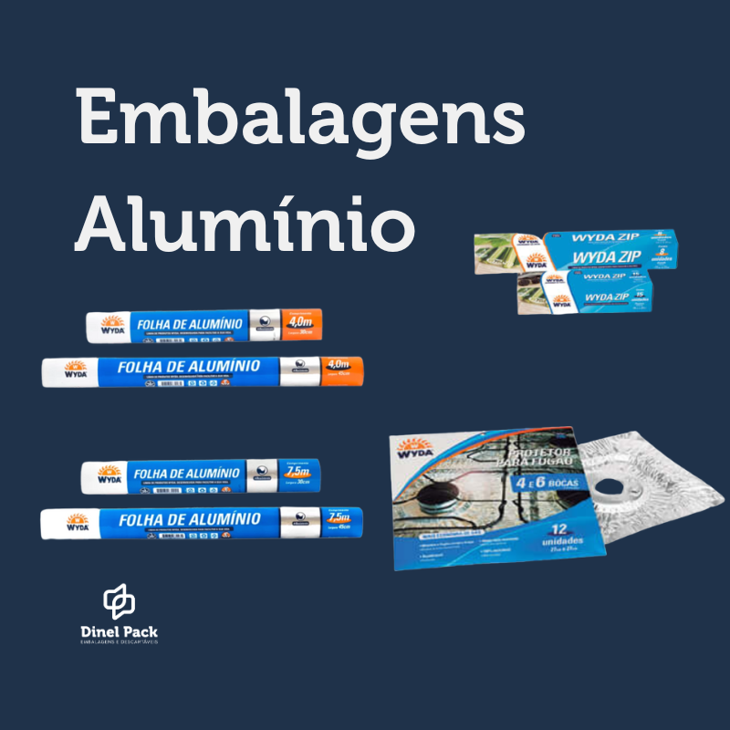 Imagem de quatro modelos de embalagens de alumínio da marca Wyda num fundo azul e logomarca da Dinel Pack branca