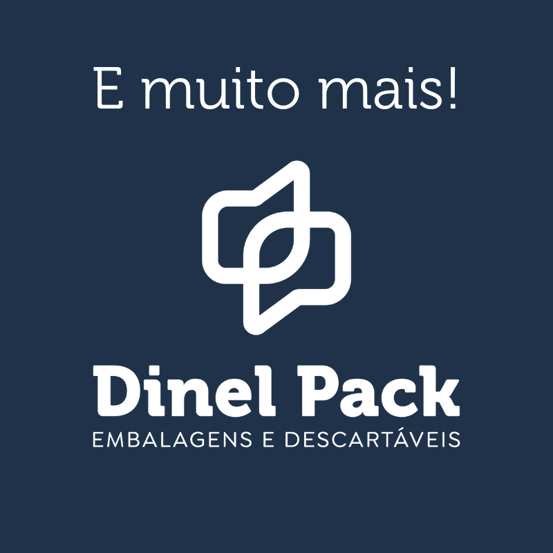 Imagem com um texto "muito mais" num fundo azul e logomarca da Dinel Pack branca